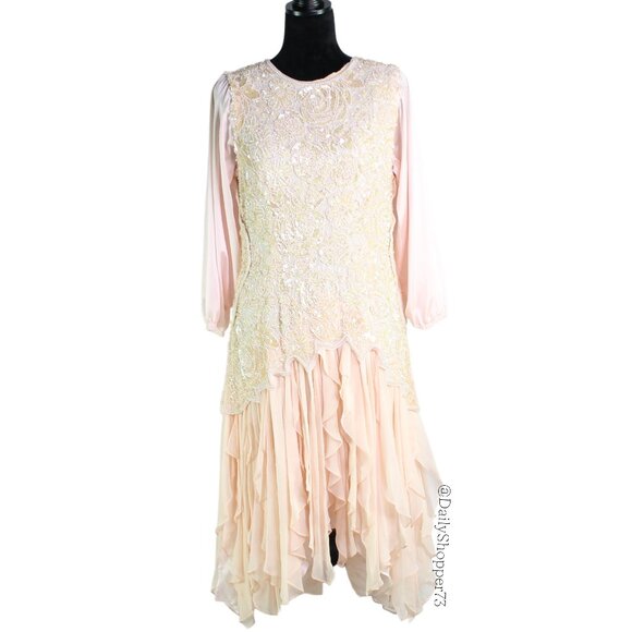 Handmade Women's Pastel Pink Sequin & Bead Satin Chiffon Handkerchief Hem Dress - Picture 1 of 10